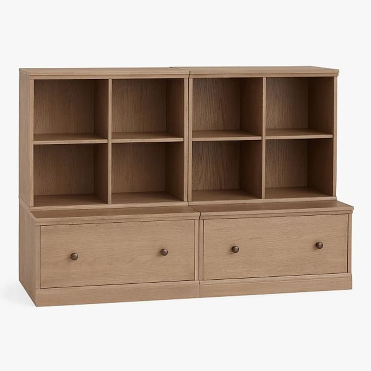 an open bookcase with two drawers on each side