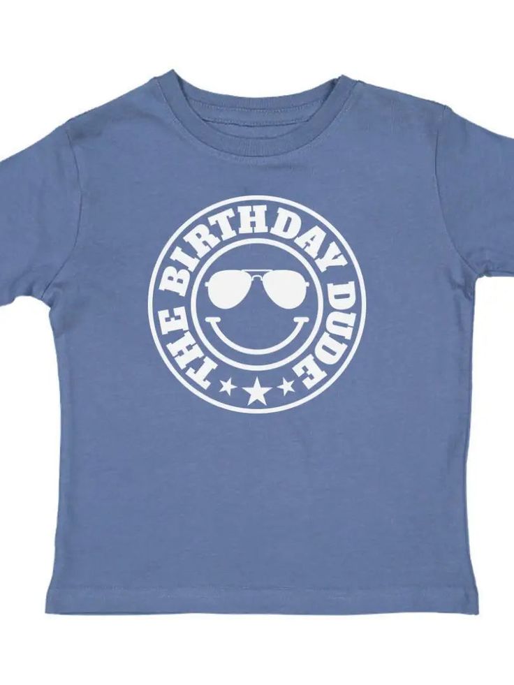 About this product The Birthday Dude Short Sleeve T-Shirt is a fun and festive t-shirt for celebrating the birthday boy! Features: Shirt Color: Indigo Graphic Color: White Material: 100% Cotton Features: Tagless inside neck label for an itch-free wear Fit: Toddler Unisex; True to Size Care: Machine washable, tumble dry low, wash with like colors Each t-shirt is hand pressed with love using baby and child safe inks. Details • Care Instructions: Machine wash • Fabric: 100% Cotton • Product Languag Fun Graphic Print T-shirt For First Birthday, Playful Birthday T-shirt With Text Print, Playful Text Print Birthday T-shirt, Fun Birthday T-shirt With Screen Print, Fun T-shirt For Father's Day Birthday, Fun Screen Print T-shirt For Birthdays, Funny Blue T-shirt For Birthday, Blue Graphic Print T-shirt For First Birthday, Fun Blue T-shirt For Father's Day