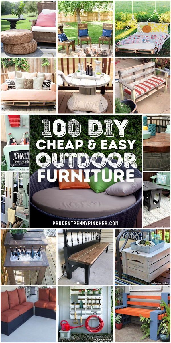 outdoor furniture made out of pallets and wood with text overlay that reads, 100 diy cheap and easy outdoor furniture