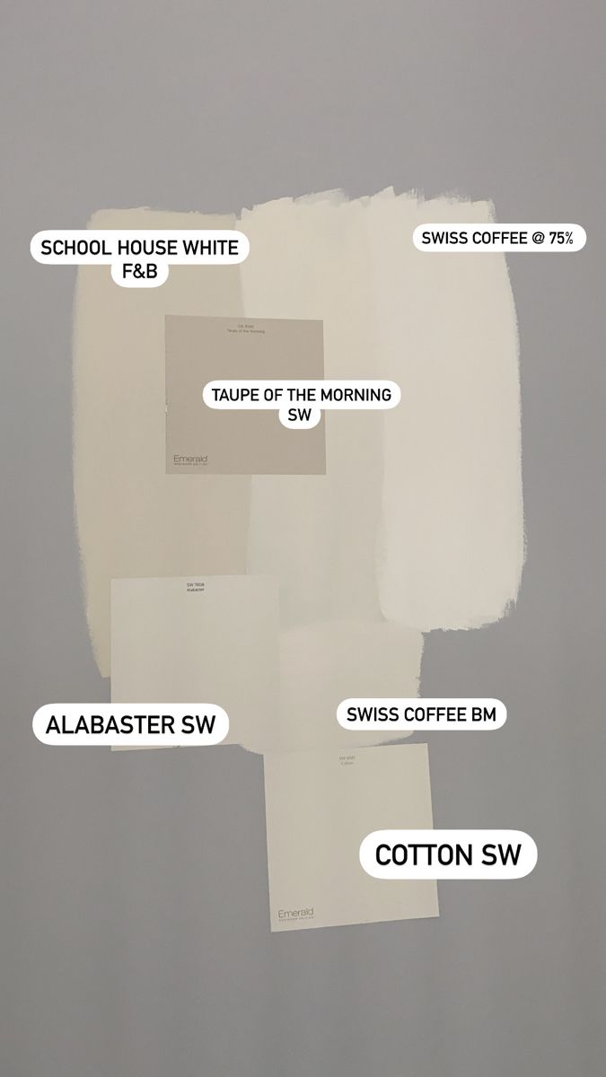 white paint swatches with different colors and names on them, labeled in the following words