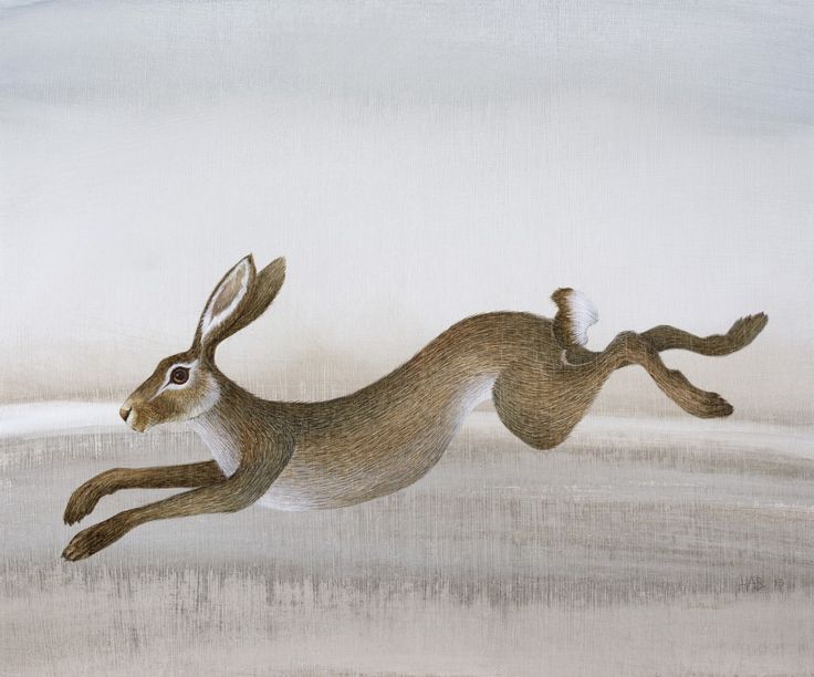 a painting of a brown rabbit leaping in the air