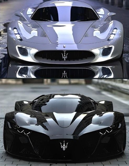 two different views of a silver and black sports car