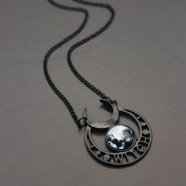 Witch Black Moon Necklace - Wicked Mystics Witchy Wardrobe, Moon Goddess Necklace, Neo Gothic, Witch Necklace, Triple Moon Goddess, Blue Stone Necklace, Gothic Witch, Halloween Necklace, Goddess Necklace