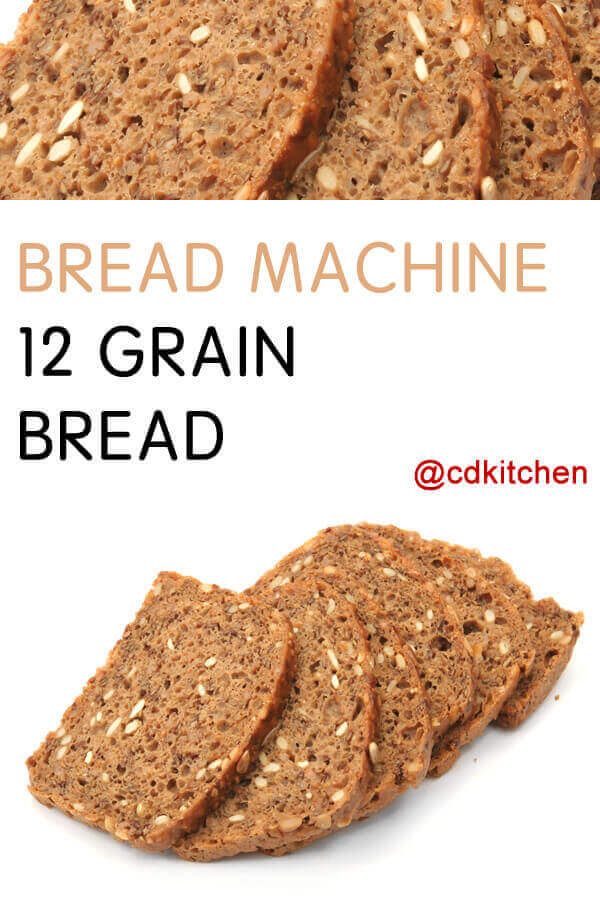 sliced bread with sesame seeds on top and the words, bread machine 12 grain bread