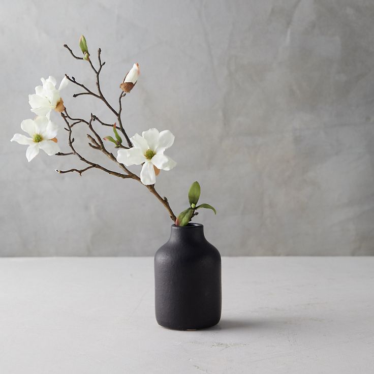 a black vase with white flowers in it on a table next to a gray wall