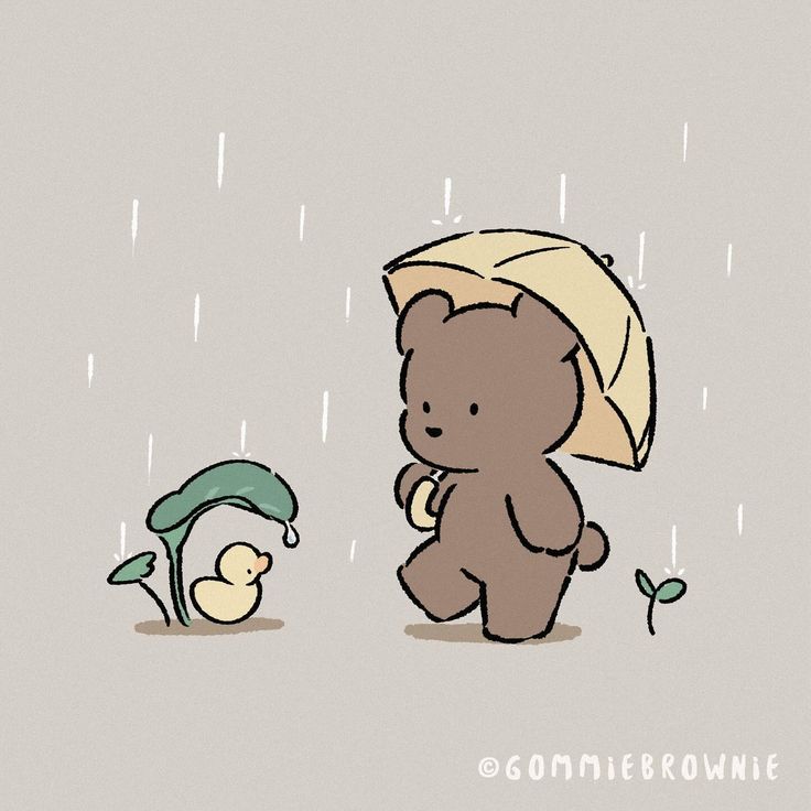 a brown teddy bear holding an umbrella next to a green plant and a white bird