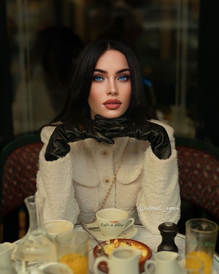 a doll is sitting at a table with cups and saucers