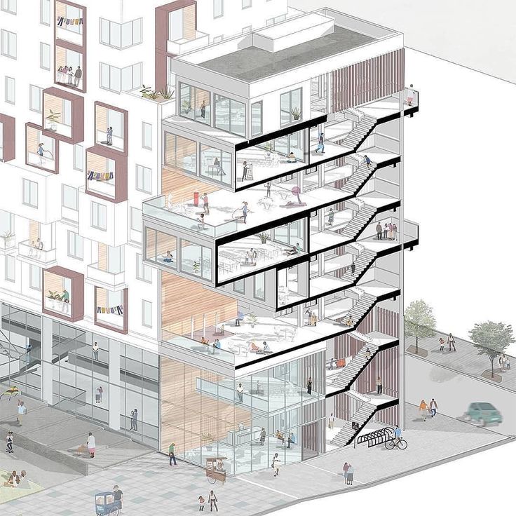 an architectural drawing of a building with stairs and balconies on the top floor