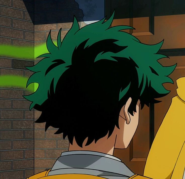 an anime character with green hair looking at something in the distance while standing next to a brick wall