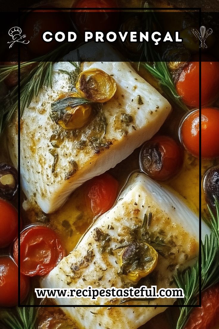 two fish fillets with tomatoes and olives on a plate