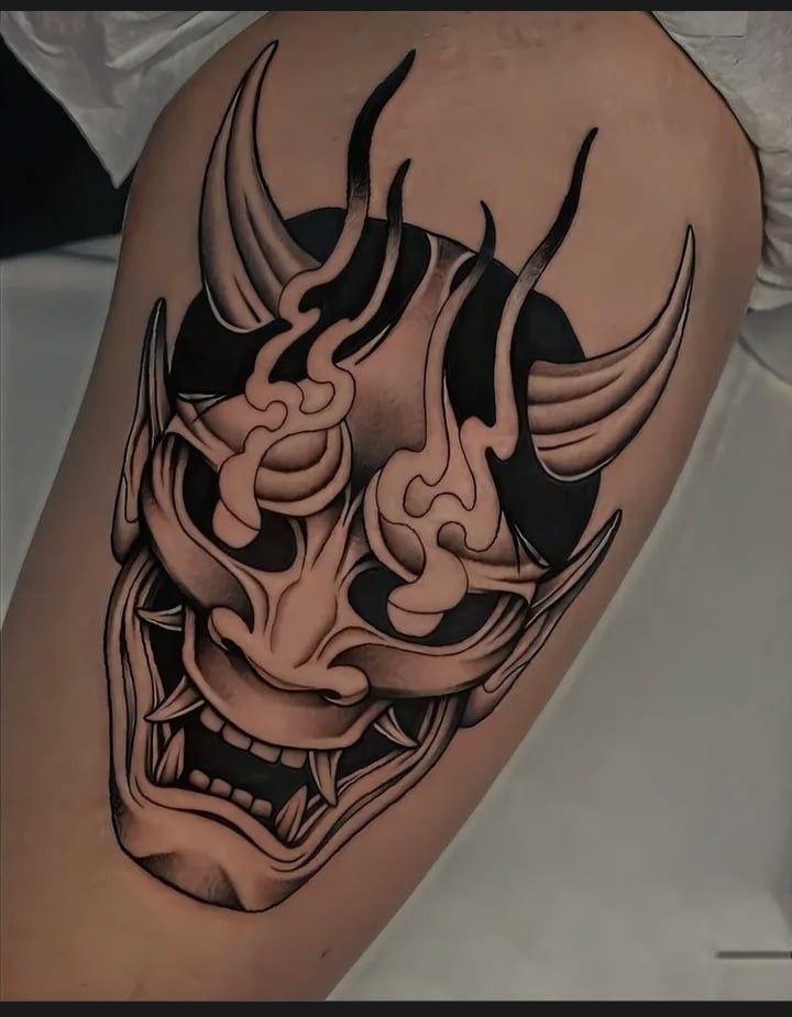 Japanese Ogre Tattoo, Oni Mask Tattoo Thigh, Hannya Forearm Tattoo, Oni Mask Tattoo Back, Japanese Tattoo Designs Oni Mask, Half Oni Mask Tattoo, Men S Back Tattoo, Omni Mask Tattoo, Big Fine Line Tattoo