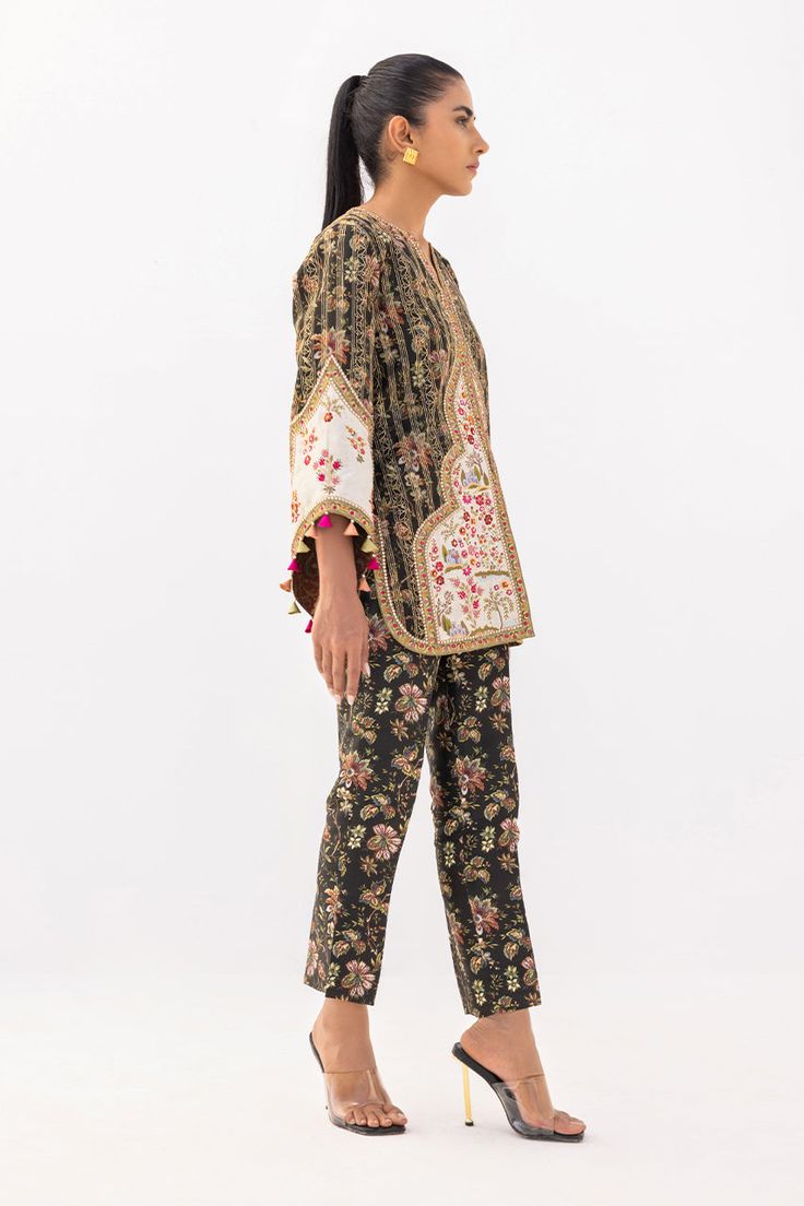 Crism – Sania Maskatiya International Eid Palazzo Set With Printed Motifs, Eid Palazzo Set With Printed Motifs And Straight Pants, Festive Long Sleeve Kurta With Tassels, Festive Bollywood Bandhgala With Printed Motifs, Eid Bollywood Kurta With Tassels, Eid Cotton Kurta With Tassels, Cotton Kurta With Tassels For Eid, Silk Pant Set With Straight Kurta And Floral Embroidery, Festive Sets With Tassels And Straight Kurta