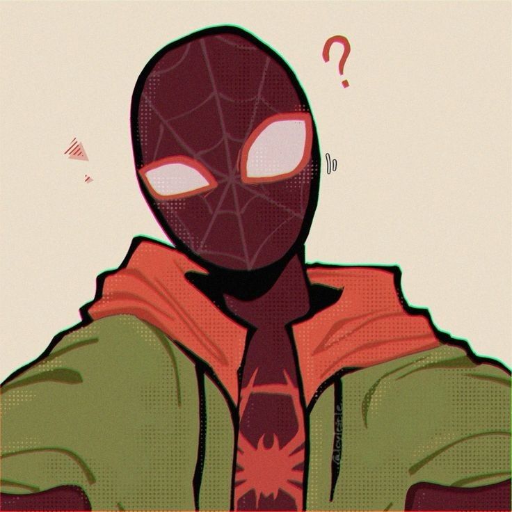 a spider man wearing a green jacket and red tie with question marks above his head