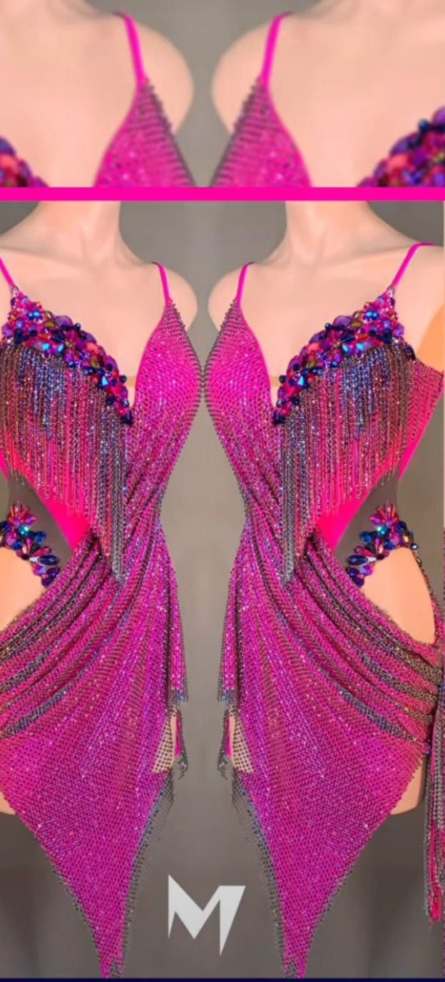 the back of a woman's pink dress with sequins and beads on it