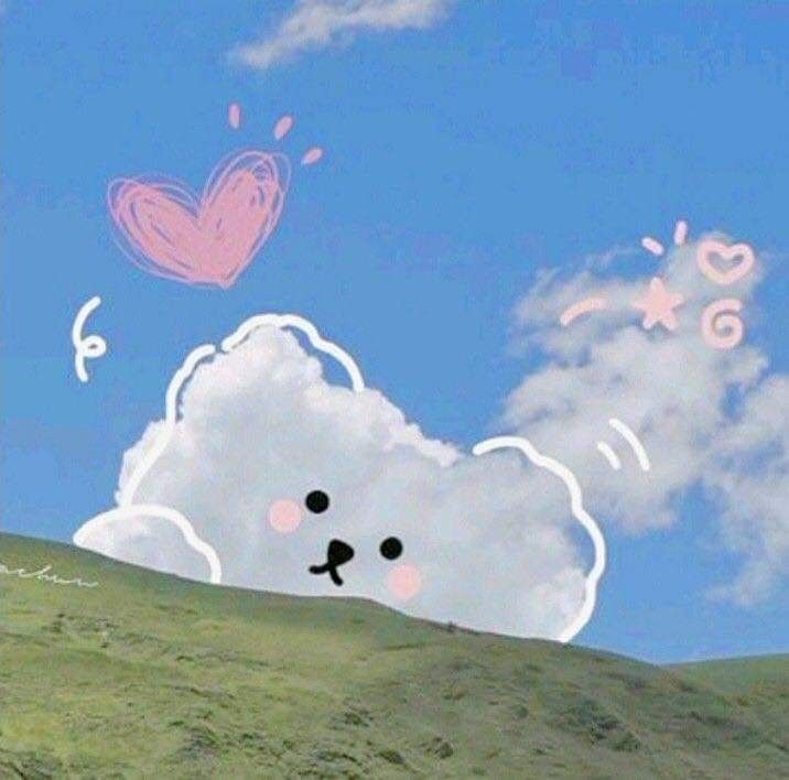 there is a drawing of a teddy bear in the sky with hearts coming out of it