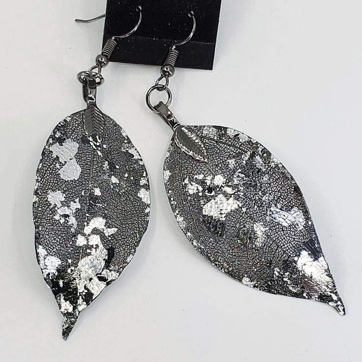 Gilded Leaf Earrings - Monochromatics - UrbanroseNYC Real Leaf, Real Leaves, Leaf Coloring, Metal Leaves, Leaf Pendant, Silver Material, Leaf Earrings, Ear Wires, Antique Silver