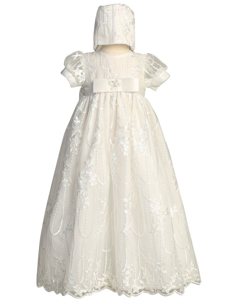 Baby Girls White Embroidered Tulle Sequin Bonnet Nicole Christening Gown 0-18M - SophiasStyle.com White Princess Embroidered Dress, White Princess Style Embroidered Dress, White Embroidered Princess Dress, Elegant Embroidered Fitted Princess Dress, Elegant Lace First Communion Dress With Floral Applique, Fitted Elegant Princess Dress With Floral Applique, Elegant Fitted Princess Dress With Floral Applique, Fitted Princess Baptism Dress With Floral Applique, Lace Princess Dress With Floral Applique For Baptism