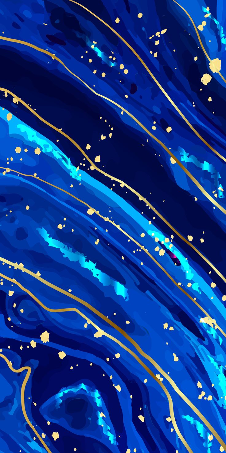 an abstract painting with blue and gold paint