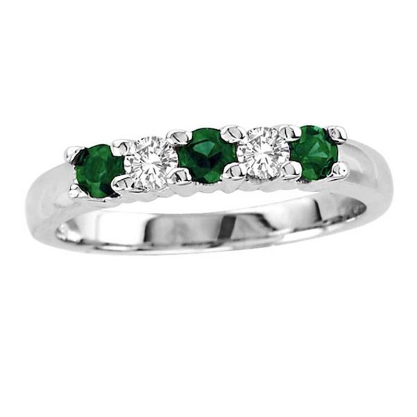 Celebrate her May birthday with a ring that's just her style. Fashioned in cool 14K white gold, this elegant ring features alternating 3.0mm lush green emeralds and shimmering white diamonds, creating a look that grabs the eye and doesn't let go. Sparkling with 1/5 ct. t.w. of diamonds and buffed to a brilliant luster, this ring is one she'll be proud to wear. Green Diamond Birthstone Ring With Round Band, Green Diamond Half Eternity Ring, Green Diamond Ring For Anniversary With Half Eternity Band, Green Diamond Half Eternity Ring For Anniversary, Green Diamond Ring With Half Eternity Band, Green Diamond Half Eternity Round Cut Ring, Green Emerald Ring With Round Diamond Band, Green Birthstone Ring In Fine Jewelry Style, Fine Jewelry Green Birthstone Ring