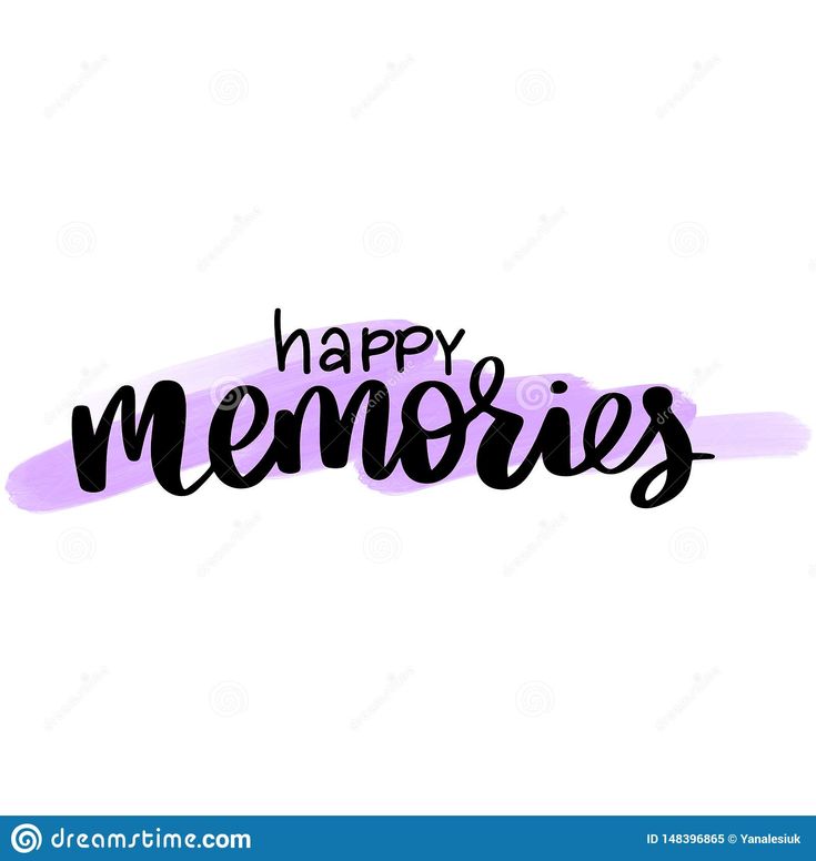 the phrase happy memories in black and purple ink on a white background with a blue border