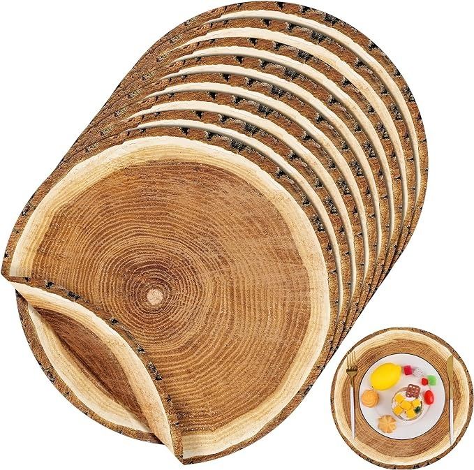 a stack of wooden slices next to a plate with eggs on it