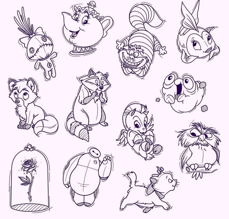 various cartoon characters drawn in black and white