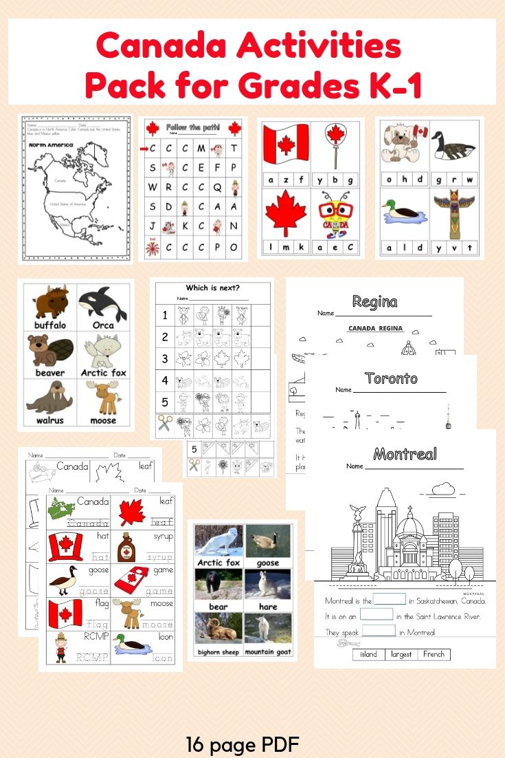 canada activities pack for grade k - 1 with pictures and words on the front cover