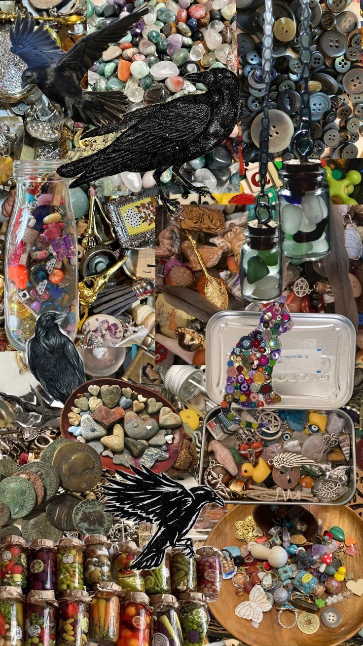 a collage of assorted items including buttons, beads, and other things on display