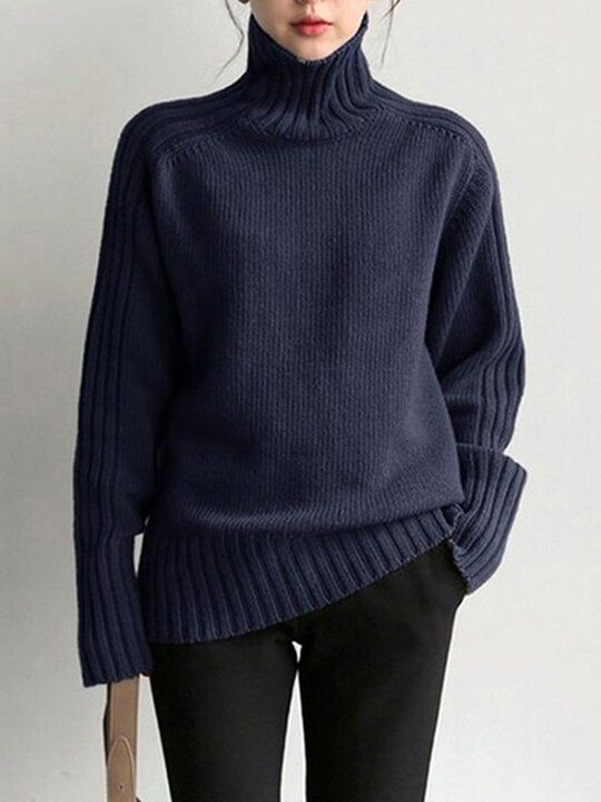 Uoozee Trendy Navy Sweater For Fall, Fall Tops With Ribbed Collar For Cold Weather, Trendy Navy Sweater For Winter, Navy Ribbed Sweater For Winter, Navy Turtleneck Top For Fall, Navy Oversized Sweater For Fall, Navy Sweater For Layering In Fall, Navy Sweater For Fall Layering, Black Funnel Neck Sweater For Winter