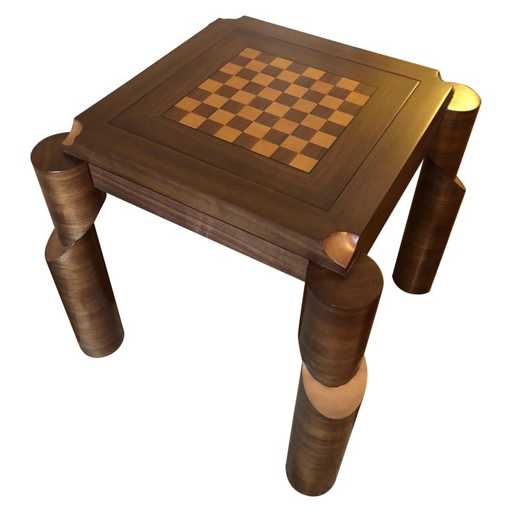 a wooden table with two legs and a chess board on it