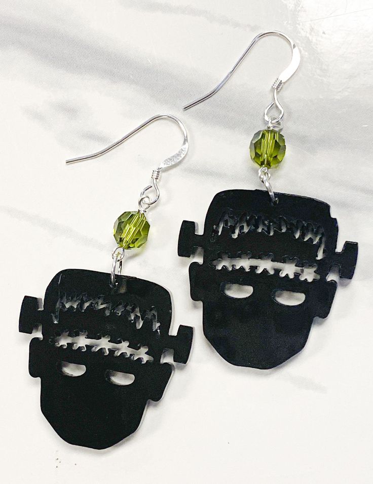 Our Frankenstein's Monster Halloween Earring Kit features acrylic made right here at Too Cute Beads. All findings use are .925 Sterling Silver. Kit contains all materials needed to create 1 finished set of earrings. Skeleton height is 1 inch Halloween Themed Pierced Jewelry, Pierced Themed Jewelry For Halloween, Handmade Resin Jewelry For Halloween, Novelty Hypoallergenic Halloween Jewelry, Nickel Free Themed Black Jewelry, Green Halloween Dangle Earrings, Green Novelty Jewelry For Halloween, Monster Earrings, Cute Beads