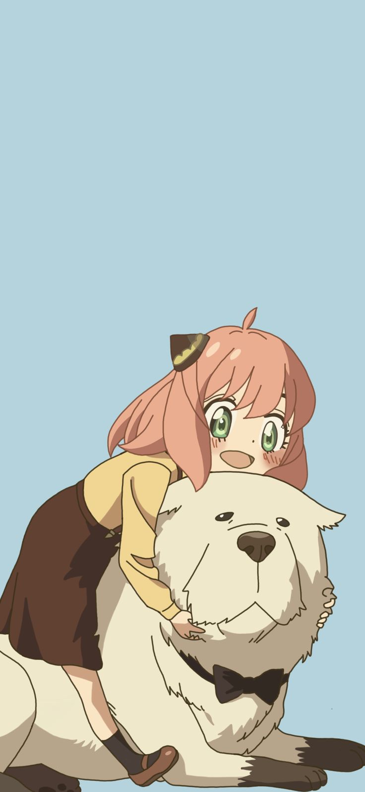 an anime character is hugging a dog on the ground