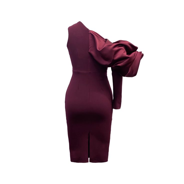 Introducing our exquisite Midi burgundy dress with satin details, perfect for cocktail parties and weddings. The deep burgundy/maroon structured occasion dress hue flatters all skin tones, while the luxurious satin details add elegance. The slant neck line adds sensuality, while the long length creates grace and poise. Handcrafted with the finest materials, this dress is designed to drape beautifully and make a lasting impression.  Fabric-stretchy crepe   model is a 5ft 8 wearing length- Regular Elegant Purple Dress For Evening, Elegant Purple Evening Dress, Elegant Purple Cocktail Dress, Elegant Red Midi Party Dress, Chic Purple Evening Dress For Formal Occasions, Elegant Purple Midi Dress With Fitted Bodice, Elegant Fitted Purple Dresses, Elegant Mini Dress With Asymmetrical Neckline For Wedding, Chic Purple Mini Dress For Formal Occasions