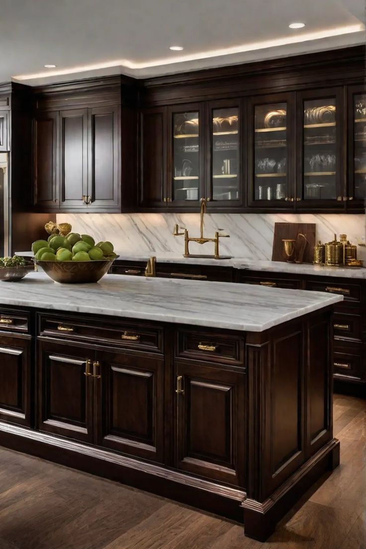 a large kitchen with dark wood cabinets and marble counter tops is pictured in this image