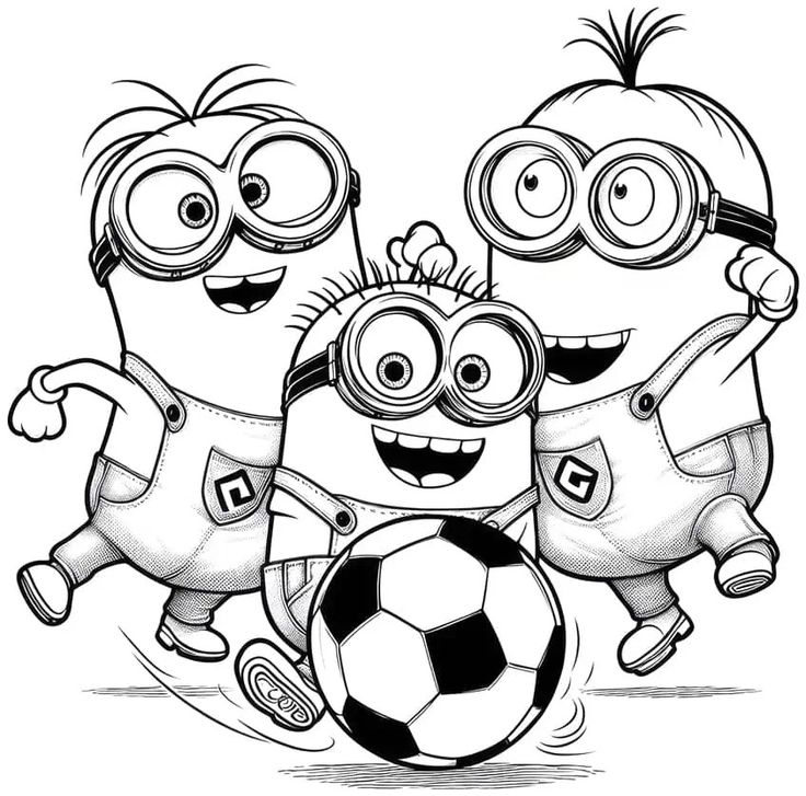 three minions playing with a soccer ball