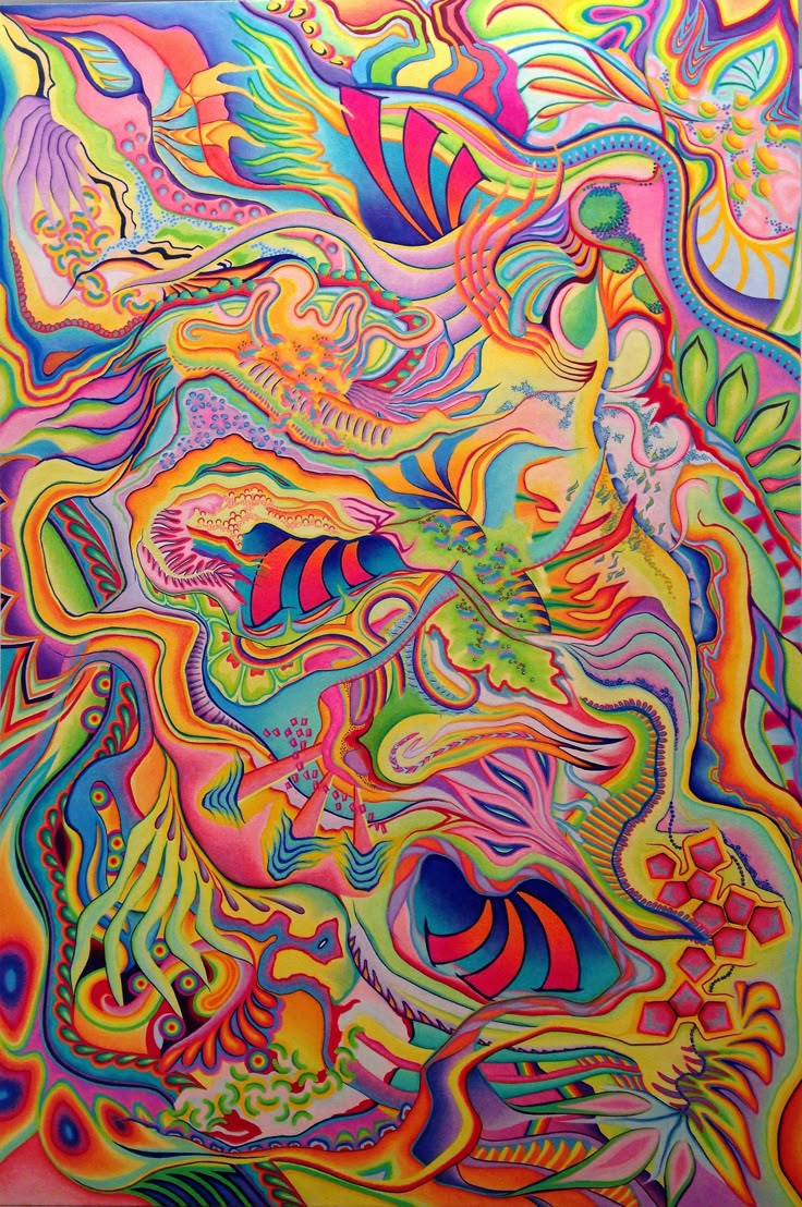 an abstract painting with many colors and shapes