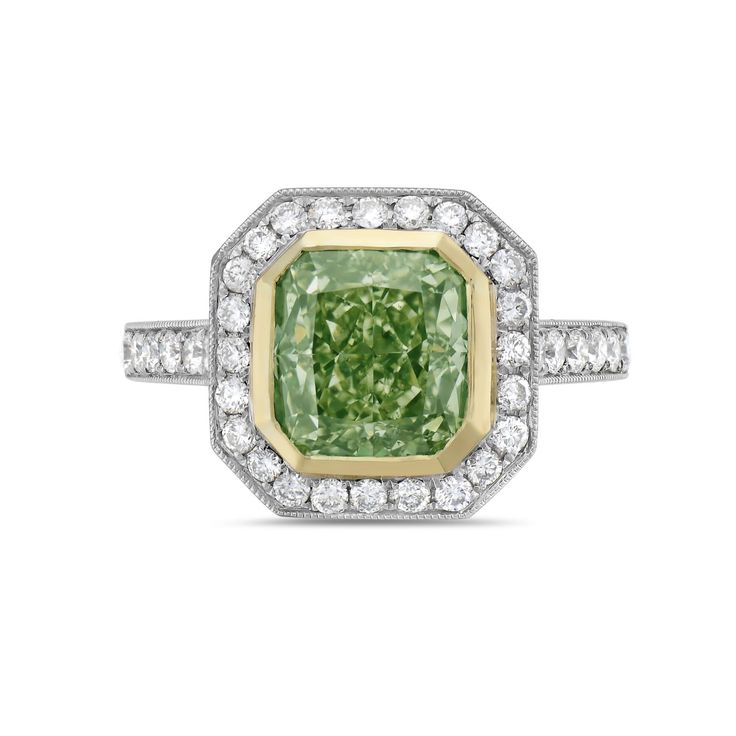 Gorgeous 18k white gold green diamond ring. Center is cushion cut fancy light green, yellow diamond weighing 3.03 carats, of SI1 clarity. Green Diamond Ring, Green Diamond Rings, Yellow Diamond Ring, Cushion Diamond Ring, Pista Green, Fancy Light, Diamond Rings Design, Yellow Diamond Rings, Fancy Lights