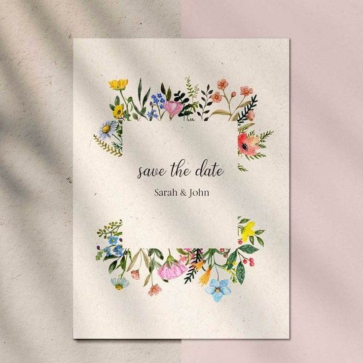 a wedding card with flowers and leaves in the center on a pink background that says, save the date