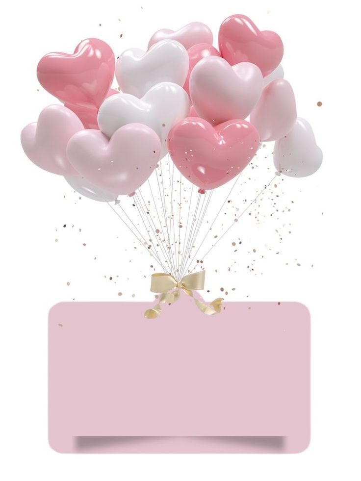 pink and white heart shaped balloons in front of a pink card with a bow on it