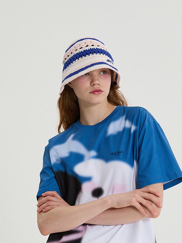 This is a trendy and casual bucket hat by WAIKEI that is made out of high quality and sturdy material. With distinctive mood of the design and clean yet unique look, you can style it for your trendy daily outfit.- Crochet knit fabric suitable for summer- Hand logo embroidery on the left hem- Unique stripe pattern overall Trendy Crochet Cap Hat, Trendy Blue Crochet Hat For Summer, Trendy Crochet Cap, Trendy Spring Beanie Crochet Hat, Casual Blue Crochet Hat With Curved Brim, Blue Casual Crochet Hat For Summer, Casual Blue Crochet Bucket Hat, Trendy Spring Crochet Beanie Hat, White Cotton Crochet Hat Casual Style