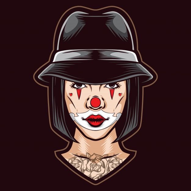 the girl with clown makeup and hat on her face is looking at the camera, illustration