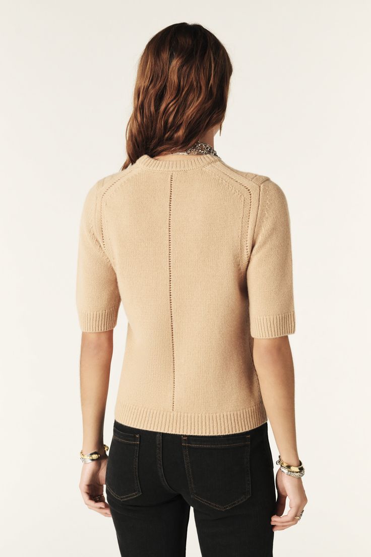 - Straight cut- Round neckline- Ribbing at the collar, sleeves and waist- Openwork details- Very soft feel This item is made with recycled wool. Fitted Wool Top In Beige, Fitted Beige Wool Top, Fitted Wool Beige Top, Camel Sweaters, Short T Shirt, Denim Gift, Jumper Shirt, Pump Dress, Knit Sweater Dress