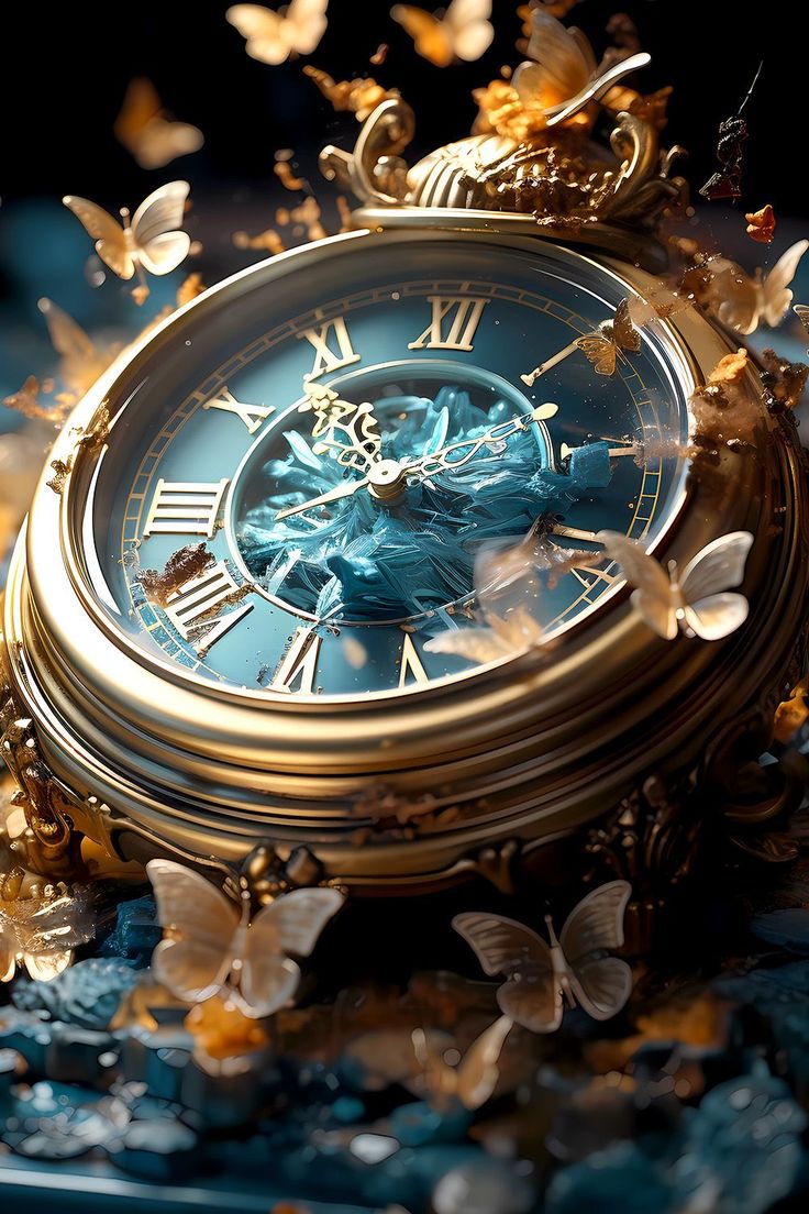 a golden clock with butterflies around it