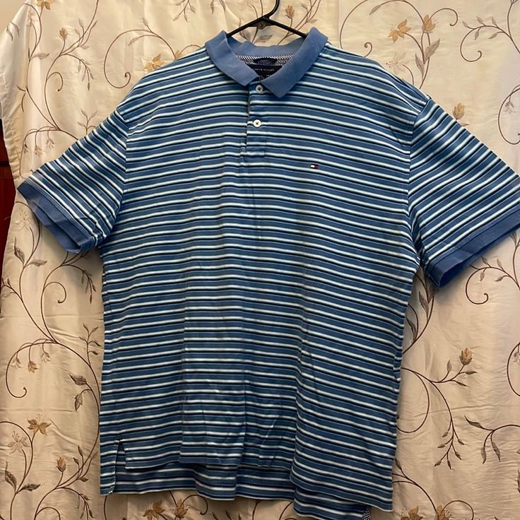 Nwot Pit 2 Pit 27.5 Inches. Xxl/Ttg/Xxg Blue Striped Polo Shirt With Polo Collar, Tommy Hilfiger Blue Summer Shirt, Tommy Hilfiger Cotton Polo Shirt, Blue Polo T-shirt With Striped Collar, Striped Cotton Polo Collar T-shirt, Tommy Hilfiger Shirts, Blue Man, Blue Stripes, S S