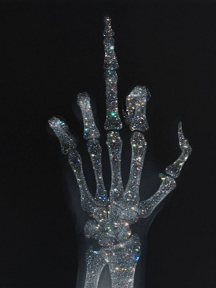 a hand made out of silver glitters with two fingers and one foot in the air