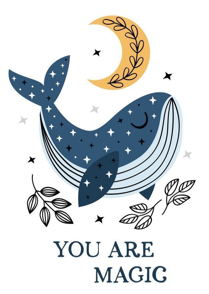 a blue whale with stars and moon in the sky you are magic card or poster