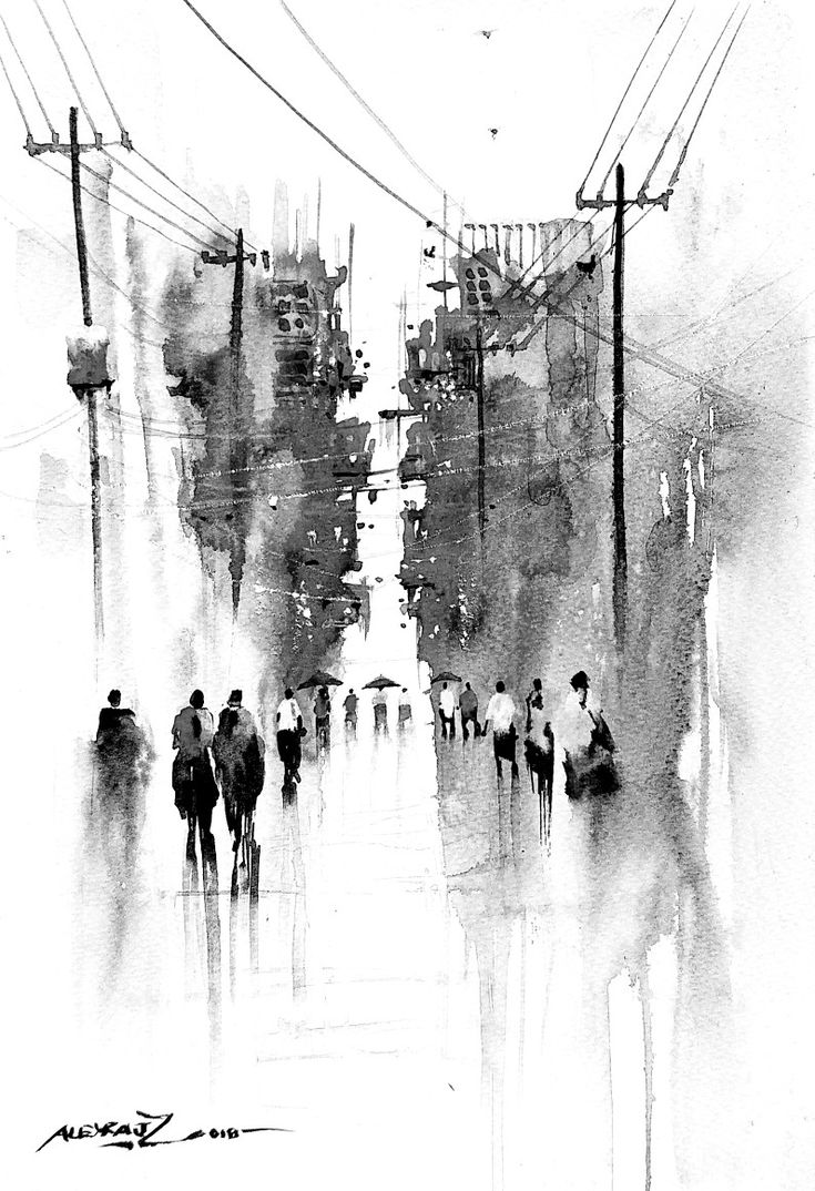 black and white photograph of people walking down the street on a rainy day with power lines overhead