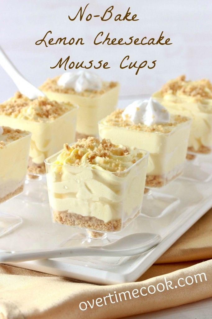 no - bake lemon cheesecake mousse cups on a white platter