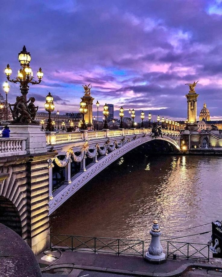 the bridge is lit up at night by street lamps