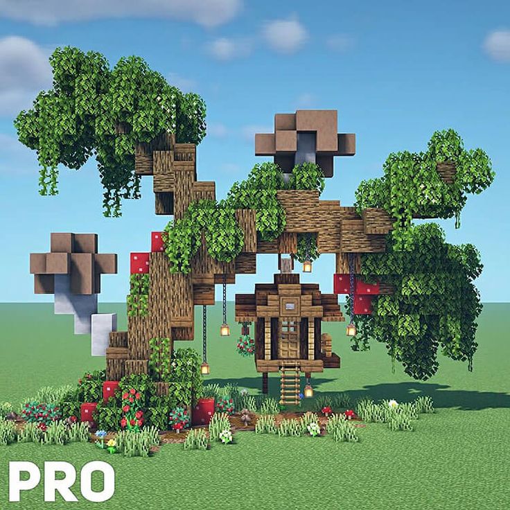 an image of a tree house in the middle of a field with flowers and trees